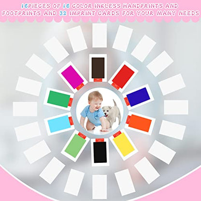 48 Pcs Inkless Baby Footprint Kit Includes 16 Pcs Colorful Ink Pad and 32 Imprint Card for Baby Hand and Footprints, Handprint Dog Paw Print Kit for Newborn Registry Gifts Family Printing Mom Girl