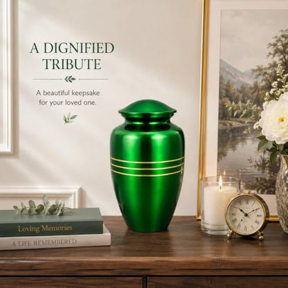 CLEENTABLE Metal Cremation Urn for Human Ashes, Extra Large, Green - color: Green, size: Classic Three-Band - 6.5x11"