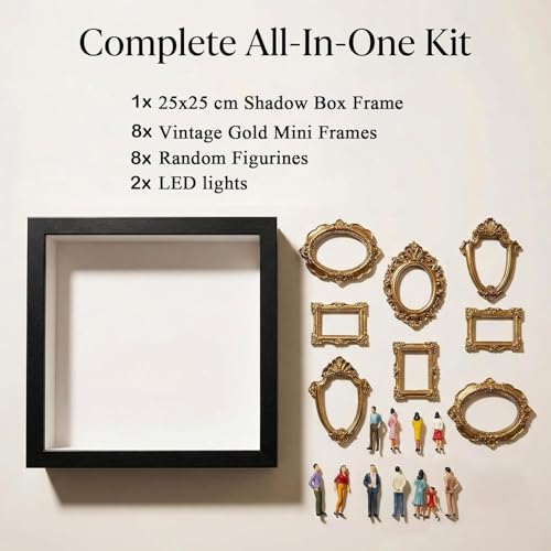 Mini Museum Silhouette Shadow Box Frame, DIY Memory Display Photo Craft Kit with LED String Lights, Mini Gold Frames & Figurines, Keepsake Box for Wedding Anniversary Family Milestone Gift - color: White