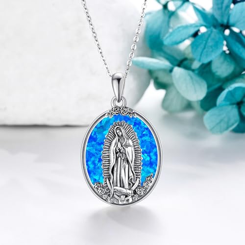 YAFEINI Virgen De Guadalupe Necklace 925 Sterling Silver Mother Mary Necklace Virgencita Jewelry Thanksgiving Day Gifts for Women - style: Blue Opal