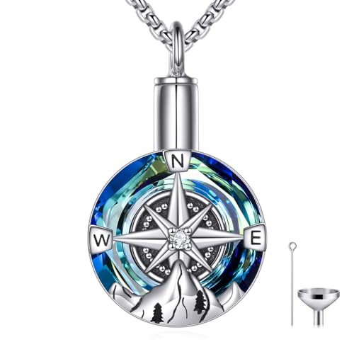 925 Sterling Silver Compass/Viking Runes Urn Necklace for Ashes Urn Pendant with Blue Crystal Memorial Keepsake Cremation Jewelry for Men Women Nature Lovers - color: 1: Compass