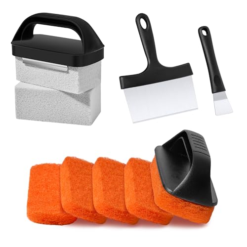 Griddle Cleaning Kit for Blackstone, Flat Top Grill Cleaning Kit | Griddle Accessories with Grill Scraper, Grill Brick, Scouring Pads & Handles to Remove Grease, Burnt Residue (11 PCS) - color: Black-11 PCS