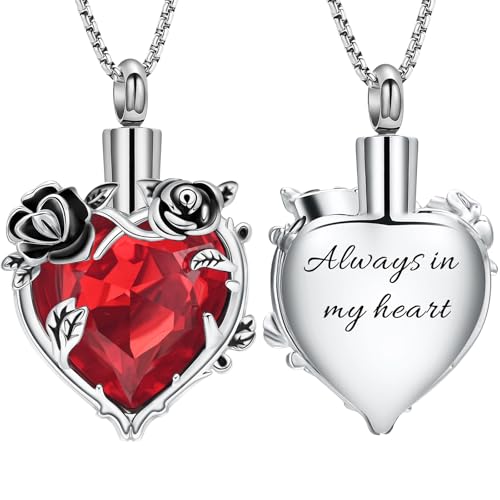 Rose Flower Cremation Urn Necklace for Ashes Heart Crystal Memorial Jewelry for Women Urn Keepsake Pendant Human Pet Memorial Locket Holder - color: A-Silver (Red Stone) - Always in my heart