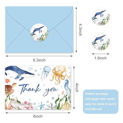 FYSUIMU 24 Pack Ocean Thank You Cards Blue Cartoon Under The Sea Note Cards with Envelopes Stickers Marine Animals Blank Greeting Card for Summer Birthday Baby Shower - style: Sea Animals