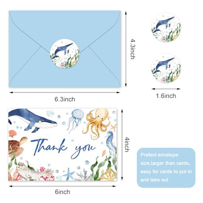 FYSUIMU 24 Pack Ocean Thank You Cards Blue Cartoon Under The Sea Note Cards with Envelopes Stickers Marine Animals Blank Greeting Card for Summer Birthday Baby Shower - style: Sea Animals