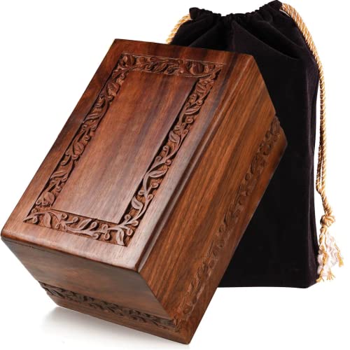 SOULURNS Border Engraved Wooden Urn for Human Ashes - Large Rosewood Cremation Urn for Adult Male or Female - Fits up to 200 lbs - Includes Premium Velvet Bag - size: Fits 200 Lbs