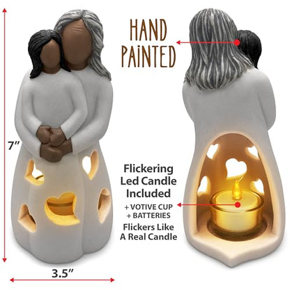 Grandma-Granddaughter Hand-Painted Candle Holder Statue W/Flickering LED Candle | Unique Nana Present Ideas for Christmas, Gigi Grandmother Birthday Gift, Greeting Card Included (Dark) - color: Grandma & Granddaughter (Dark)