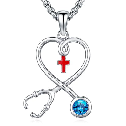 Angel Wings Necklace 925 Sterling Silver Guardian Angel Nurse RN Caduceus Pendant Charm Crystal Angel Jewelry Gifts for Women - style: H-Stethoscope-12-Dec.-Blue Topaz