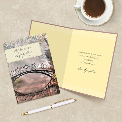 Designer Greetings German Language Sympathy Cards 6 Pack | Boxed Card Set, Matching Envelopes, Foil and Glitter Details - style: 6 PK German Sympathy - Bridge on River