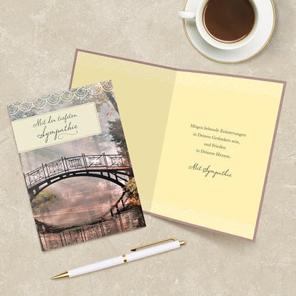 Designer Greetings German Language Sympathy Cards 6 Pack | Boxed Card Set, Matching Envelopes, Foil and Glitter Details - style: 6 PK German Sympathy - Bridge on River
