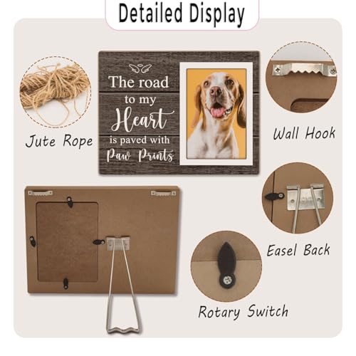 Pet Picture Frame, Pet Wooden Photo Frames Gift, Gifts for Dog Dad Mom, Dog Lovers Gift, Picture Frame for Dogs Cat Pets that Passed, The Road To My Heart Is Paved With Paw Prints, 4x6Inch Photo - color: Dark brown