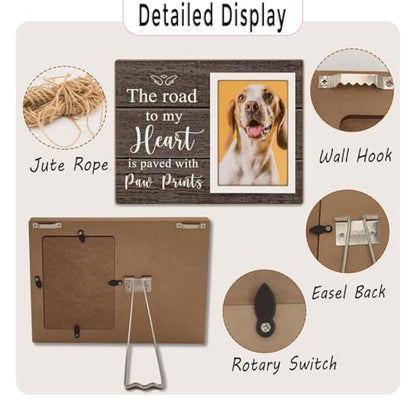 Pet Picture Frame, Pet Wooden Photo Frames Gift, Gifts for Dog Dad Mom, Dog Lovers Gift, Picture Frame for Dogs Cat Pets that Passed, The Road To My Heart Is Paved With Paw Prints, 4x6Inch Photo - color: Dark brown