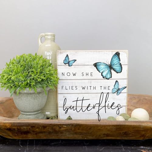 Simply Said, INC Perfect Pallets Petites Bereavement Decor, Now She Flies With Butterflies, 8 inch Wood Sign, Made in USA, PET19058 - color: Butterflies