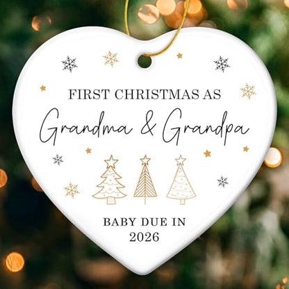 ZAGKOO First Christmas as Grandma and Grandpa Ornament 2025 - Baby Due in 2026 Ornament - New Grandparents Promoted to Grandparents Pregnancy Announcement Ceramic Heart Ornaments - color: Grandparents 2