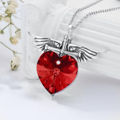SOULMEET Memorial Wings Necklace for Ashes with Large Heart Crystal Birthstone, Angel Wings Urn Necklaces with Heart Shaped Birthstone Keepsake Silver Cremation Jewelry - style: A-January