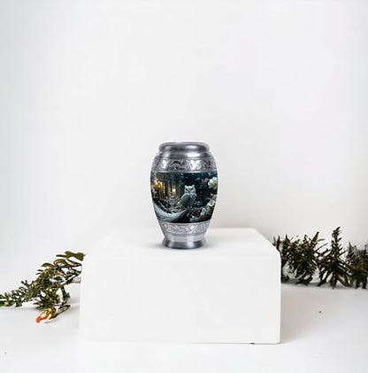 White Owl Sitting White Flower - Small Metal Ashes Urn - Miniature Urns for Ashes - Pack of 4 - Cremation Keepsakes - size: Pack Of 4