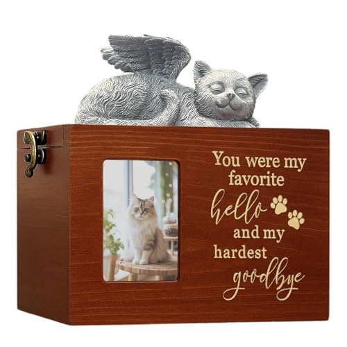 Cat Urn for Ashes Box with Picture Black Funeral Cremation Box Solid Wood Keepsake with Flannel Lining for Loss of Pet Remembrance Gift (Cat Urn-Red Brown-Hello-Large) - color: Cat Urn-red Brown-hello, size: Large