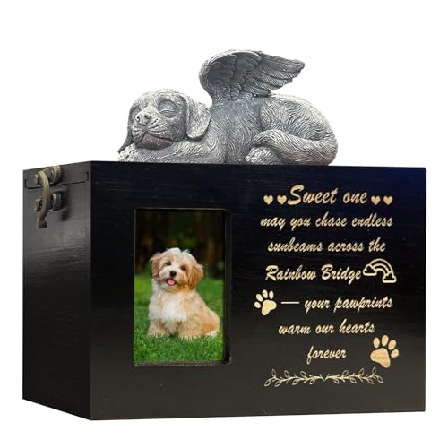 Dog Urn for Ashes, Wooden Pet Memorial Urn with Photo Frame， Handcrafted Dog Cremation Box with Angel Statue, Pet Casket for Dogs Cats Small Pets, Sympathy Gift for Pet Loss (Dog Urn-Black-Large) - color: Dog Urn-black-rainbow, size: Large