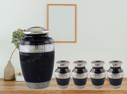 Metal Black Cremation Urns for Human Ashes with Velvet Bag, Urn Set - Cremation Urn with 4 Small Urns for Human Ashes Adult Male & Female, Decorative Urns, Urns Set of 5 (Adult Black URN Set)