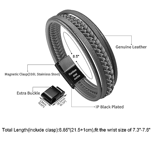 Mens Leather Bracelet with Clasp Cowhide Multi-Layer Braided Leather Mens Bracelet - style: Dim Grey&Black Clasp 8.5