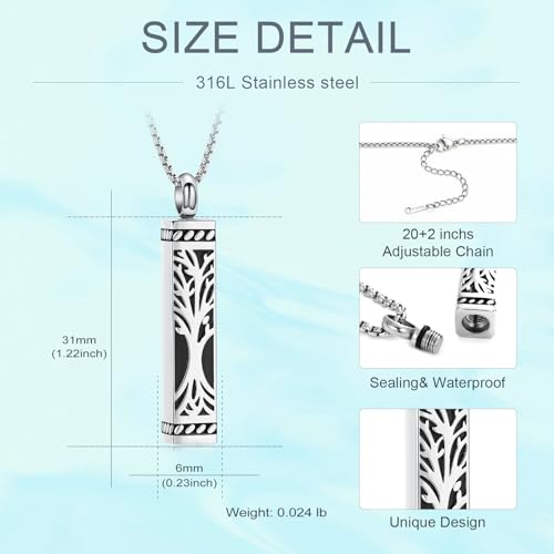 Tree of Life Urn Necklace, Stainless Steel Memorial Ashes Pendant | Tree of Life Cremation Jewelry Stainless Steel Locket Vertical Bar Keepsake Necklace Jewelry for Women Men Human Ashes - color: Silver