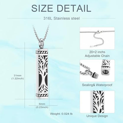 Tree of Life Urn Necklace, Stainless Steel Memorial Ashes Pendant | Tree of Life Cremation Jewelry Stainless Steel Locket Vertical Bar Keepsake Necklace Jewelry for Women Men Human Ashes - color: Silver