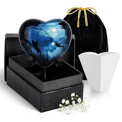 Gone Fishing Heart Urn for Human Ashes Adult Male Female - Small Keepsake Heart Shaped Cremation Urn for Dad, Men - Blue Decorative Memorial Urn with Stand, Velvet Bag and Funnel - size: Small Heart