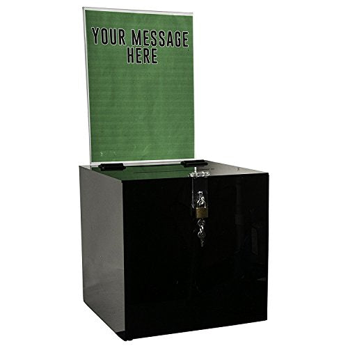 Clear-Ad - Acrylic Donation, Ballot, Raffle or Suggestion Box with Lock and Removable Sign Holder - Plastic Comment or Compaint Container - Plexiglass Multipurpose Box with Slot - Black (10x10) - size: 10 x 10 Black