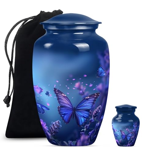 Blue Butterfly Urn for Ashes - Large Cremation Urns for Human Ashes Adult Male Female - Decorative Urn for Adult Female - Funeral Urns for Women - Large and Keepsake Pack of 2 - color: Blue Butterfly, size: 10 inch (1 piece) & 3 inch (1 piece)