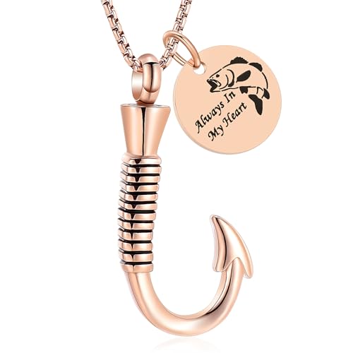 Oinsi Fishing Hook Urn Necklace for Ashes Fish Cremation Jewelry Memorial Ashes Keepsake Stainless Steel Urn Keychain for Men - color: Rose Gold (Always In My Heart)
