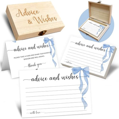 Advice and Wishes Cards Box, 50 Pcs Birthday Wedding Baby Shower Advice Cards, Well Wishes Box for Birthday Party Graduation Bridal Shower Retirement Party, Anniversary(Blue Bow) -A01 - color: Blue Bow, size: Set with Wooden Box