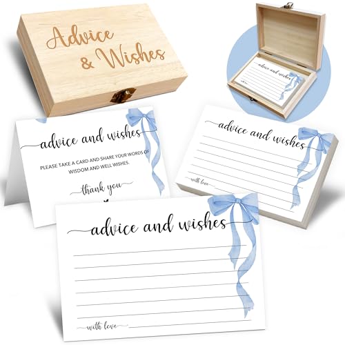 Advice and Wishes Cards Box, 50 Pcs Birthday Wedding Baby Shower Advice Cards, Well Wishes Box for Birthday Party Graduation Bridal Shower Retirement Party, Anniversary(Blue Bow) -A01 - color: Blue Bow, size: Set with Wooden Box