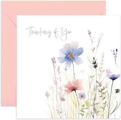 Old English Co. Sympathy Greeting Card for Loved Ones - 'Thinking of You' Painted Floral Flower Meadow Sympathy Card - Thinking of You Card for Men and Women | Blank Inside Envelope - size: 150x150mm