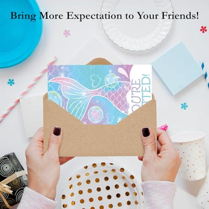 Watercolor Mermaid Birthday Invitations Girl Party Invites with Envelopes - color: Pink Mermaids