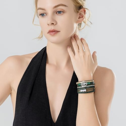 Tree of Life Inspirational Leather Wrap Bracelets Boho Western Cowgirl Cuff - color: Dark Green