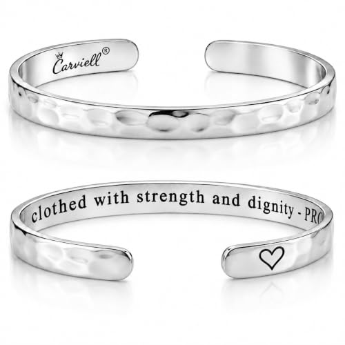 Bracelets for Women – 100+ Meaningful Engraved Messages – Solid 316L Surgical Stainless Steel Cuff Bracelet – Gift Ready - color: CHRISTIAN GIFT - She is clothed with strength and dignity