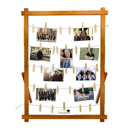 FramePro Wood Photo Display Board with Clips (Walnut) | Freestanding stable desktop frame, holds up to 30 photos, ideal graduation table centerpiece decor - color: Walnut