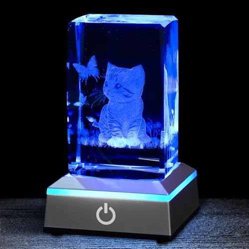 3D Crystal Night Light with Multicolor LED Base Glass Laser Engraved Cat Figurine Gift for Women Cat Lovers Birthday Christmas Room Decor - color: Cat