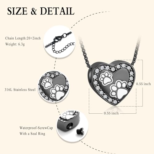 Oinsi Pet Cremation Jewelry - Heart Urn Necklaces for Dog Cat Ashes Keepsake Pet Paw Memorial Urn Pendant Ash Holder for Women Men - color: Black