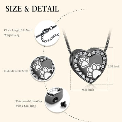 Oinsi Pet Cremation Jewelry - Heart Urn Necklaces for Dog Cat Ashes Keepsake Pet Paw Memorial Urn Pendant Ash Holder for Women Men - color: Black