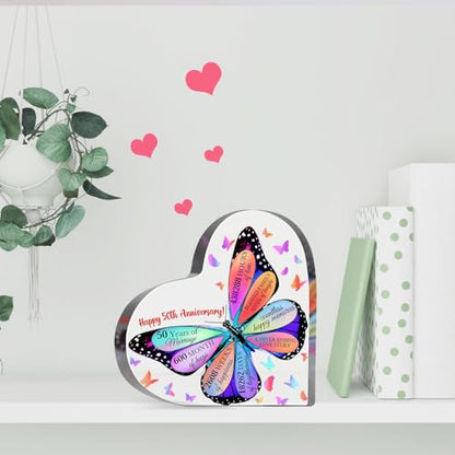 50th Anniversary Butterfly Acrylic Sign, 4" x 4" Heart-Shaped Decorative Sign for Him Her Couples, Gift, Special Occasions - style: 50th Anniversary