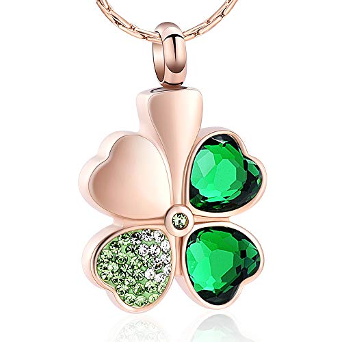 constantlife Cremation Jewelry Memorial Urn Necklace for Ashes Lucky Four-Leaf Clover Design Stainless Steel Pendant Keepsake - color: Rose Gold+Dark Green
