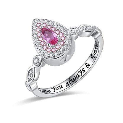 Sariel Teardrop Cremation Ring for Ashes - 925 Sterling Silver Urn Keepake Rings Memorial Jewelry for Women - color: Red