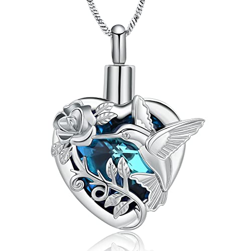 Yinplsmemory Hummingbird Cremation Jewelry Crystal Heart Urn Ashes Necklace for Women Men Memorial Keepsake Necklace of Loved One - color: Blue-Silver
