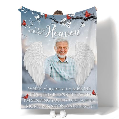 D-Story Ship Next Day Custom Memorial Blanket with Photos for Loss of Loved One, in Loving Memory Gifts Personalized Sympathy Blanket for Loss of Dad Mom Husband Wife Friend, Made in USA - color: Angle Wings