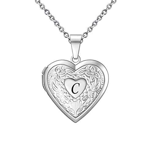 KunBead Women's Heart Photo Locket Necklace with Picture inside Initial A-Z Letter Alphabet Love Jewelry Pendant Necklace - style: C