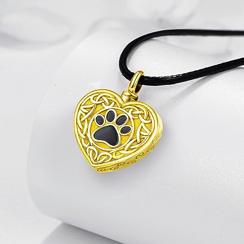 Dreamboat Pet Urn Necklace for Dog Cat Ashes 925 Sterling Silver Paw Print Cremation Keepsake Pendant Celtic Knot Memorial Jewelry Gifts for Women Men - style: 03C-Heart (Gold)