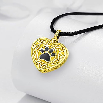Dreamboat Pet Urn Necklace for Dog Cat Ashes 925 Sterling Silver Paw Print Cremation Keepsake Pendant Celtic Knot Memorial Jewelry Gifts for Women Men - style: 03C-Heart (Gold)