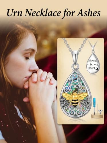 WINNICACA Urn Necklaces for Ashes 925 Sterling Silver Butterfly Hummingbird Dragonfly Teardrop Ash Necklace Cremation Jewelry Urn Pendants for Women Memorial Gifts for Birthday Christmas Funeral - style: 10-Bee Urn Necklace