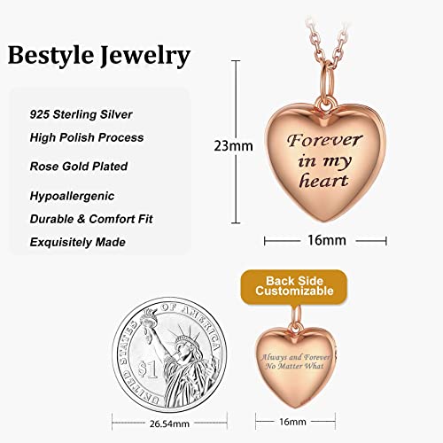 Bestyle Sterling Silver Heart Locket Necklace for Women, Dainty Cute Small Heart Locket Pendant in Gold/Rose Gold/Silver, Love Statement Jewelry Gift for Mother Wife - color: A1. Forever In My Heart-Rose Gold-Locket Only, NO Custom